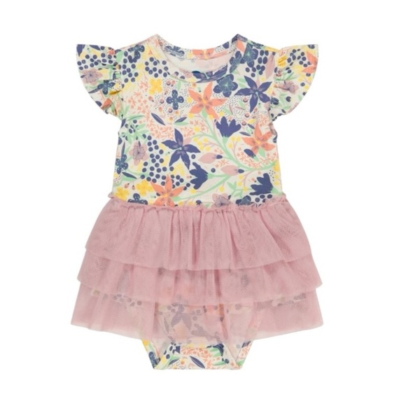 Bird & Bean Bamboo Pink Tulle Skirted Dress Bodysuit Meadow Floral Size 12-18M - Picture 2 of 6